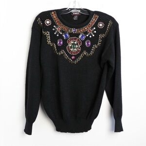 Vintage 80s 90s embellished sweater black bejeweled crystals L rich dynasty top